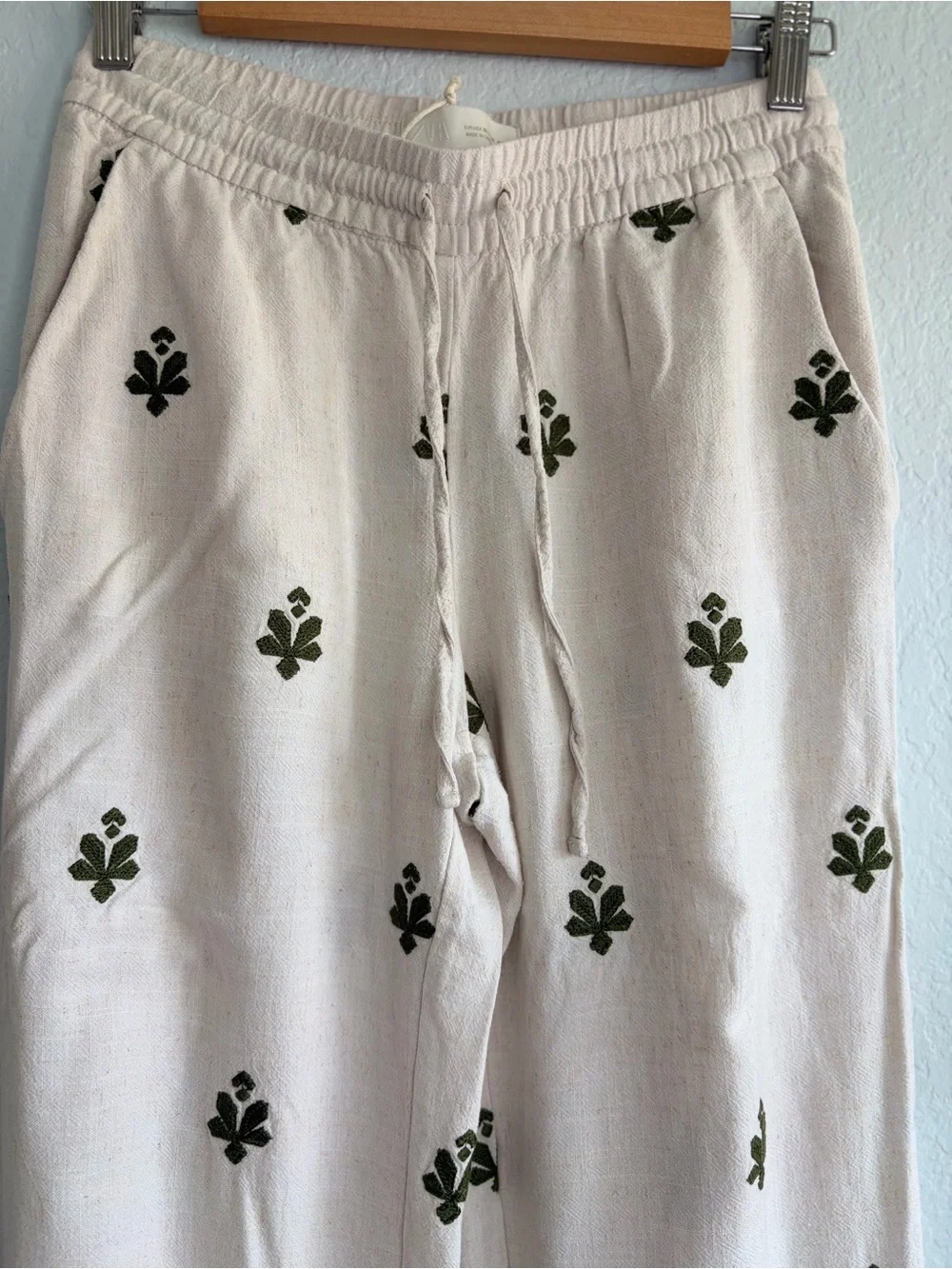 Zara Cream Linen Blend Wide-Leg Embroidered Drawstring Pants, Size XS